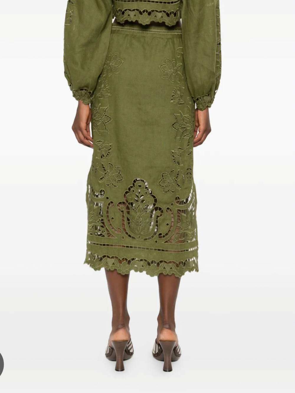 FARM Rio Olive Green Eyelet Midi Skirt - Picture 2 of 5